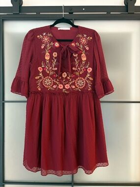 Women's Burgundy Floral Embroidered Dress with Bow